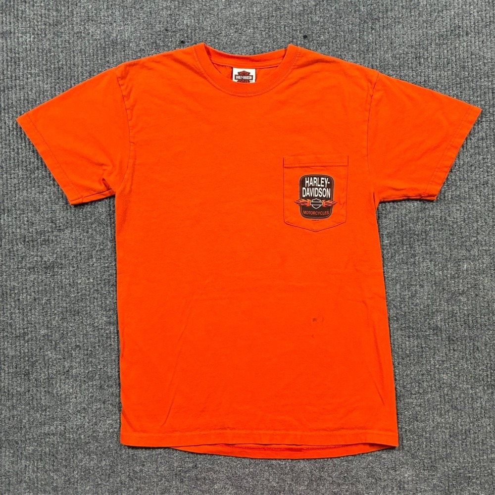 Harley Davidson T Shirt‎ Mens M Orange Pocket Tri County Ohio Dealer Made In USA